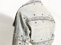 Blue Shawl Denim Coat Women Spring Short Jacket Loose Long Sleeve Heavy Industry Rivet Thin Denim Top - Modestly Vogue 