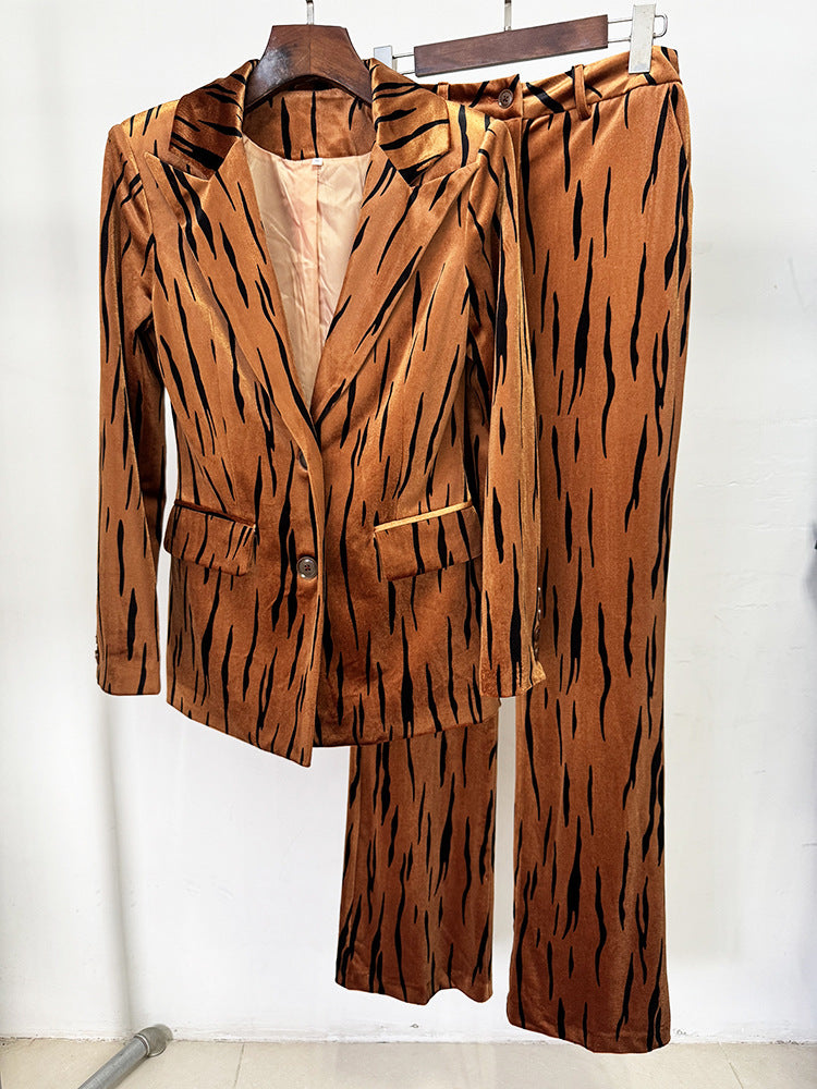Autumn Winter Tiger Leather Print Blazer Long Sleeved Suit