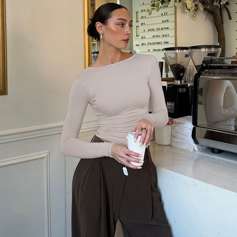 Women’s Slim Fit Long Sleeve Backless Solid Color Top