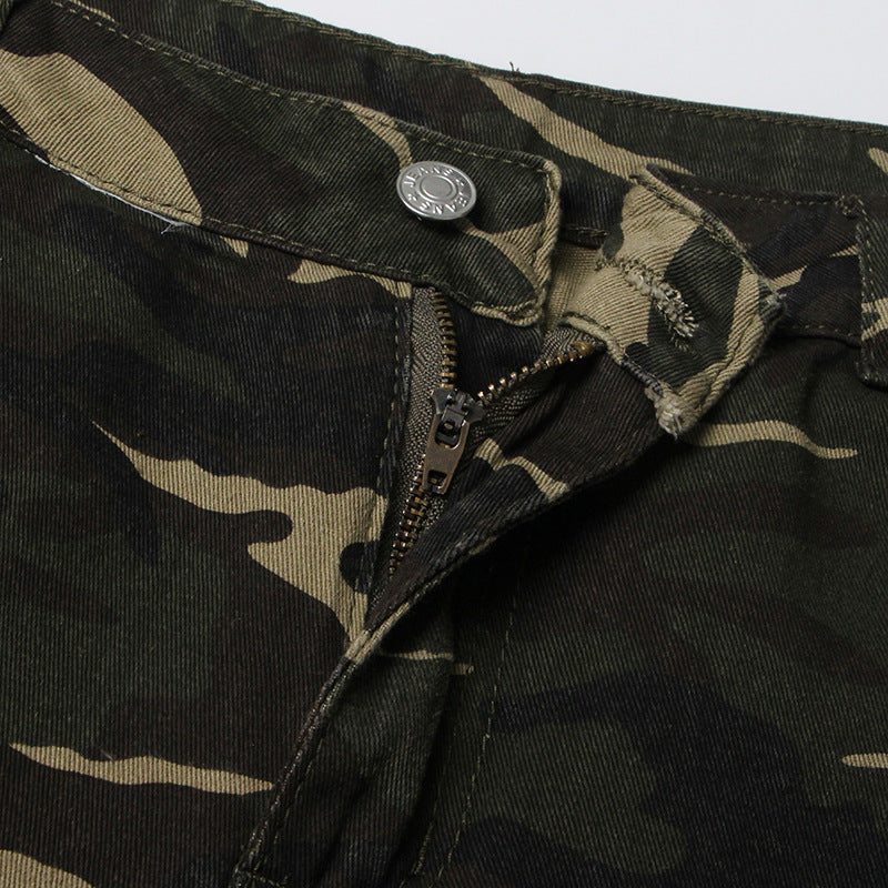 Earthtone High Street Retro Denim Camouflage Pants - Multi Pocket Workwear for Women