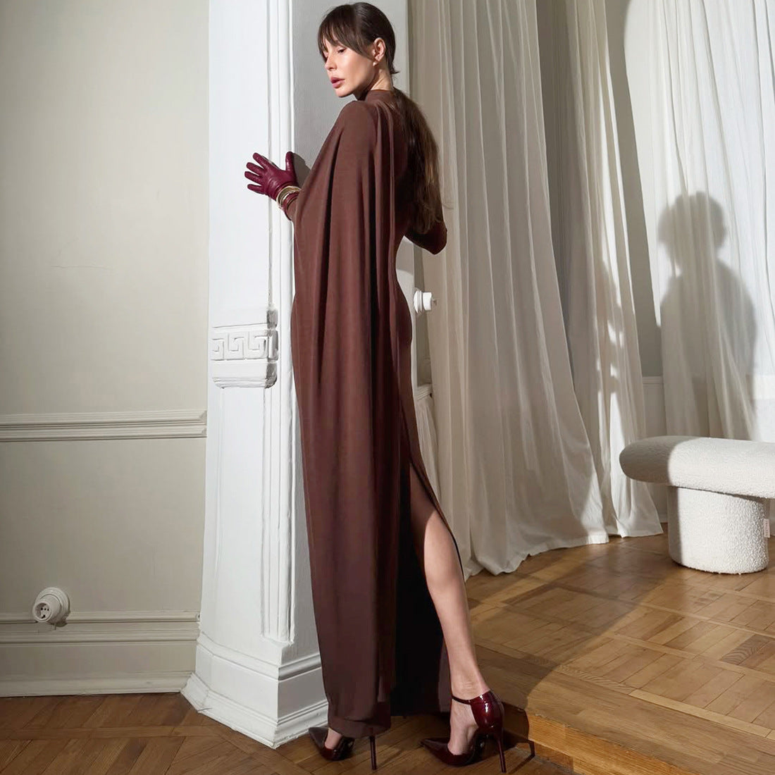 Brown Elegant High Neck Long Sleeves Flowing Scarf Maxi Dress - Modestly Vogue 