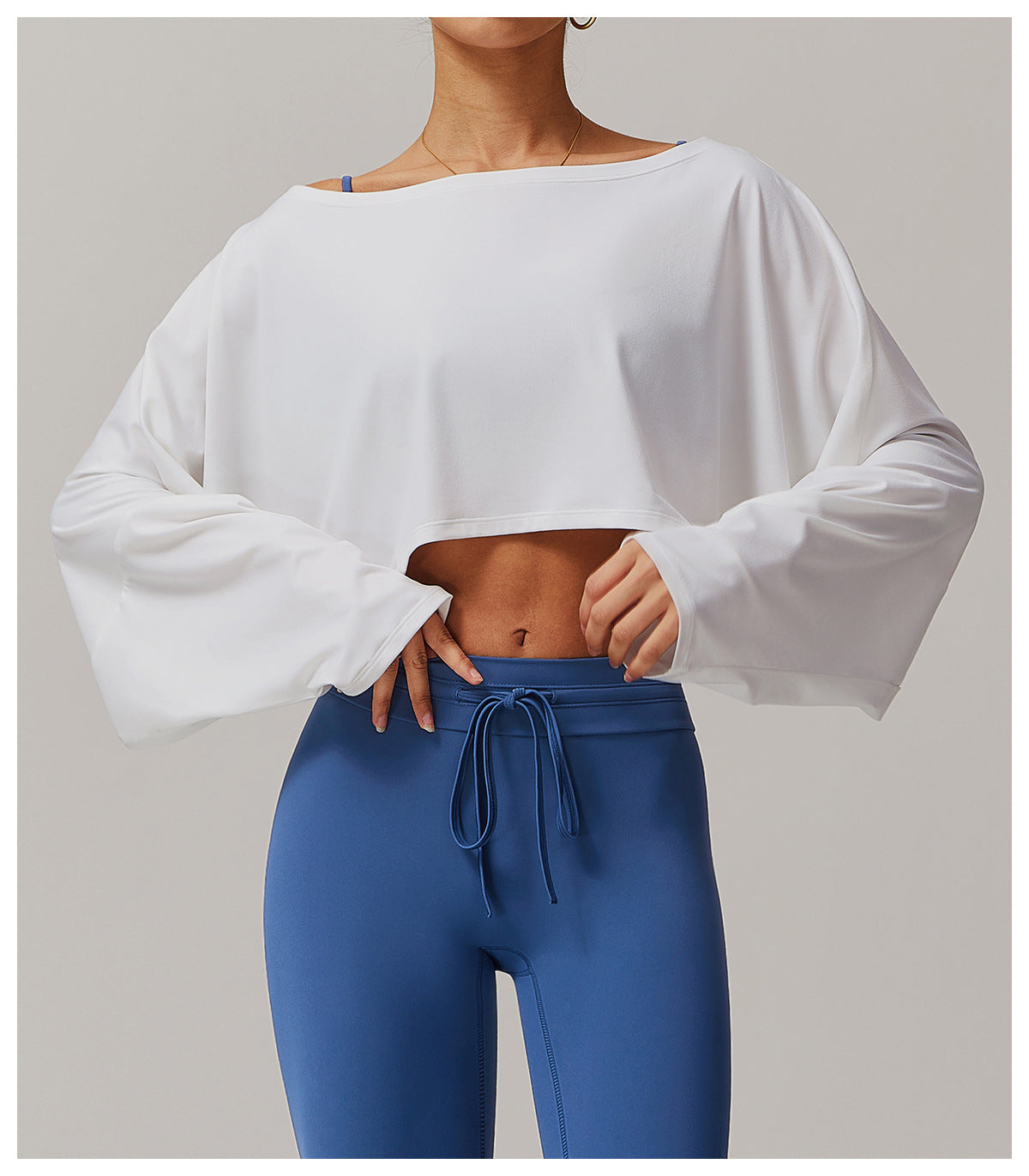 Off Shoulder Cropped Batwing Sleeve Long Sleeve Yoga Top - Modestly Vogue 