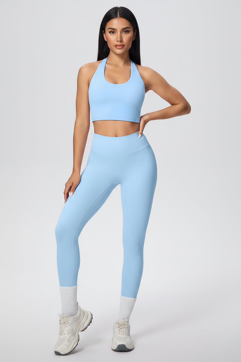 Solid Color Halter Beauty Back Exercise Bra Gathering Vest Running Body Shaping Exercise Workout Pants Yoga Two Piece Sets - Modestly Vogue 