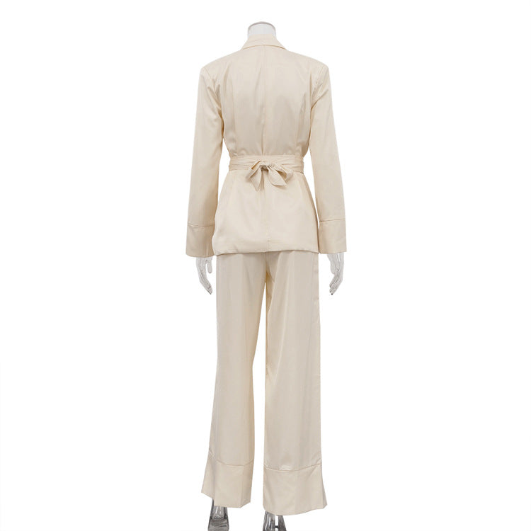 High Grade Satin Office Suit Women Elegant V neck Long Sleeve Tied Top Loose Wide Leg Pants Two Piece Set - Modestly Vogue 