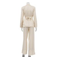 High Grade Satin Office Suit Women Elegant V neck Long Sleeve Tied Top Loose Wide Leg Pants Two Piece Set - Modestly Vogue 