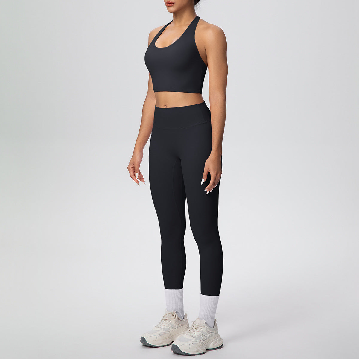 Solid Color Halter Beauty Back Exercise Bra Gathering Vest Running Body Shaping Exercise Workout Pants Yoga Two Piece Sets - Modestly Vogue 