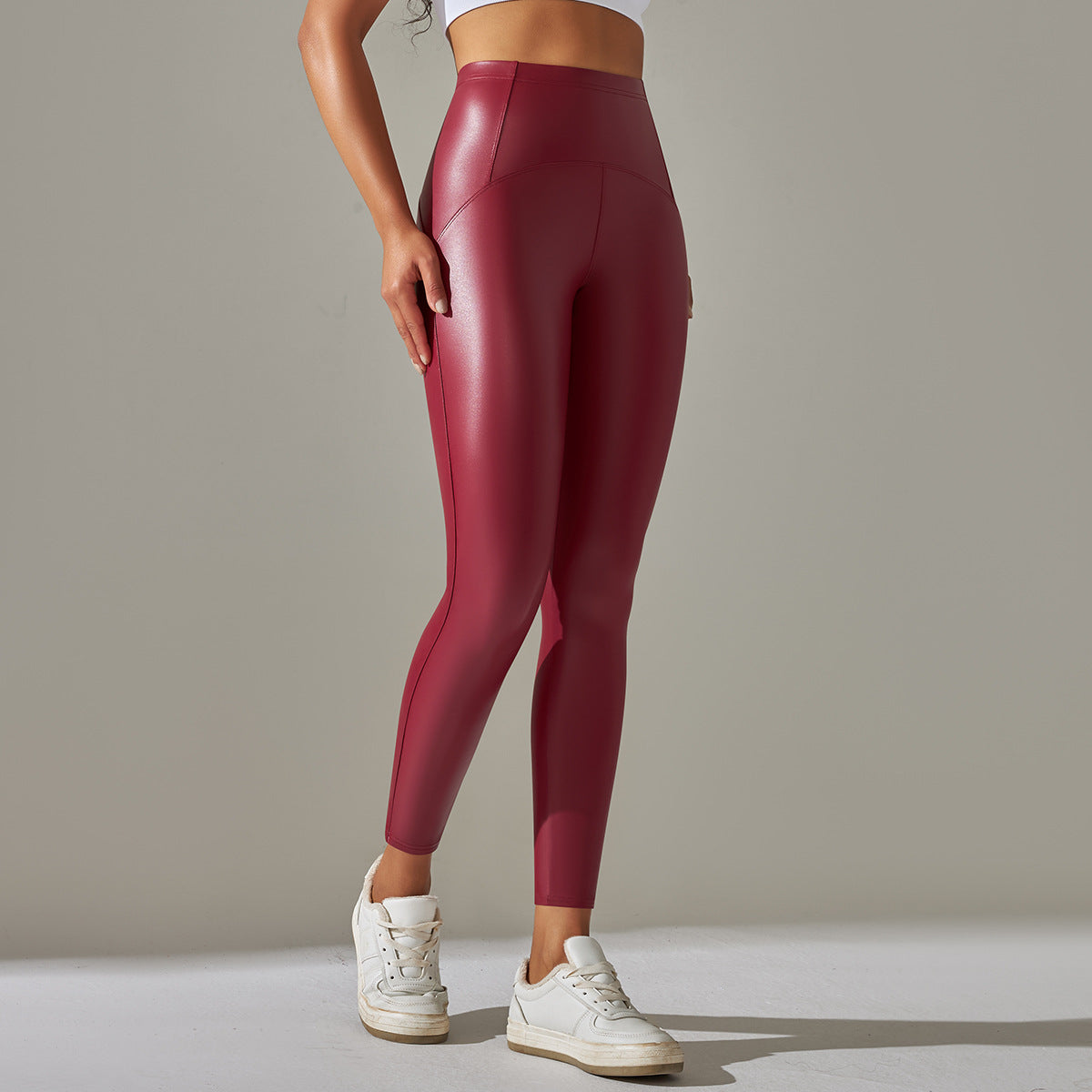 Faux Leather High Waist Solid Color Running Fitness Yoga Pants Leggings - Modestly Vogue 
