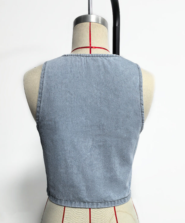 Women Spring Summer Sleeveless Lace up Vest Lace up Wide Leg Jeans Denim Set - Modestly Vogue 