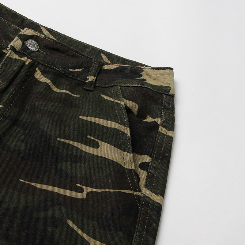 Earthtone High Street Retro Denim Camouflage Pants - Multi Pocket Workwear for Women