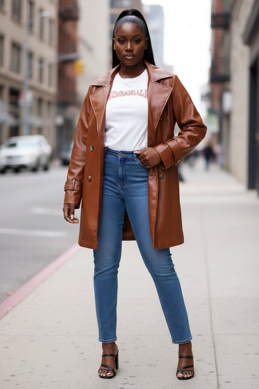 Design Brown Leather Coat Women Clothing Autumn Leather Jacket Mid Length Coat - Modestly Vogue 
