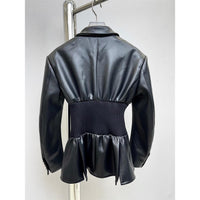 Black  Design Model Faux Leather Jacket Patchwork Knitted Super Tight Waist Contour - Modestly Vogue 