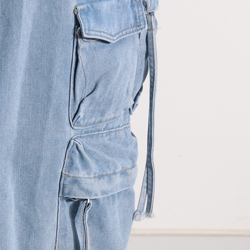 Distressed Retro Washed Denim Skirt – High Waist Multi-Pocket - Modestly Vogue 