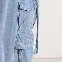 Distressed Retro Washed Denim Skirt – High Waist Multi-Pocket - Modestly Vogue 