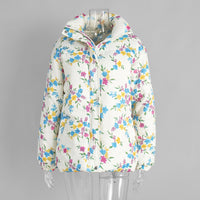 Printed Cotton Padded Jacket Coat Women Autumn Winter Stand Collar Zipper Cotton Padded Jacket Thermal Cotton Padded Coat Women