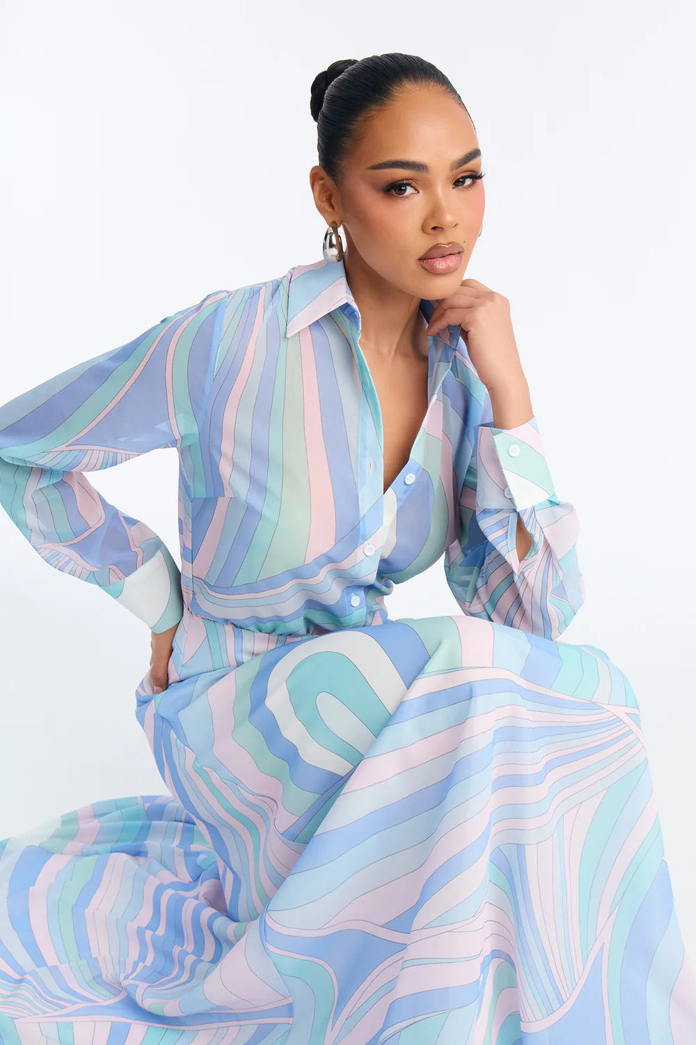 Printed Long Sleeve Shirt Dress - Modestly Vogue 