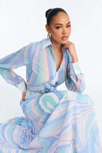 Printed Long Sleeve Shirt Dress - Modestly Vogue 