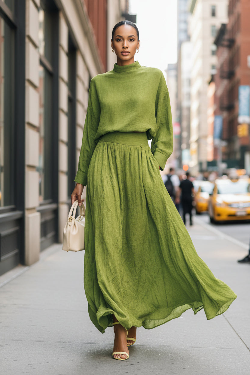 Lazy Green High Collar Loose Knitted Top Skirt Two Piece Sets - Modestly Vogue 