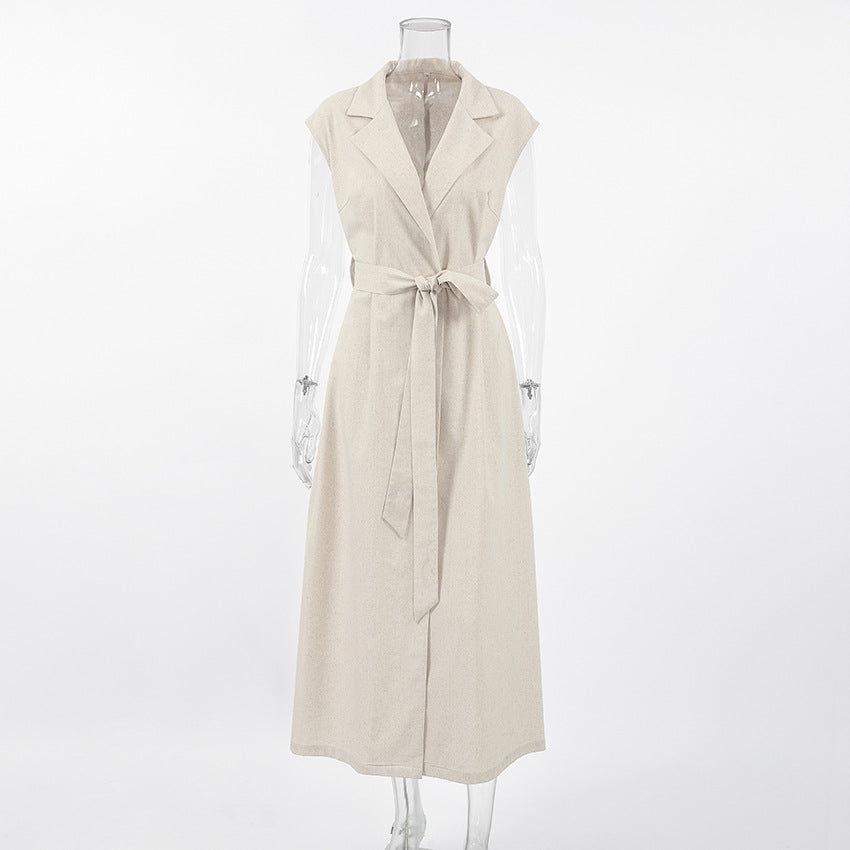 Spring Summer Cotton Linen Belted Office Dress for Women - Modestly Vogue 