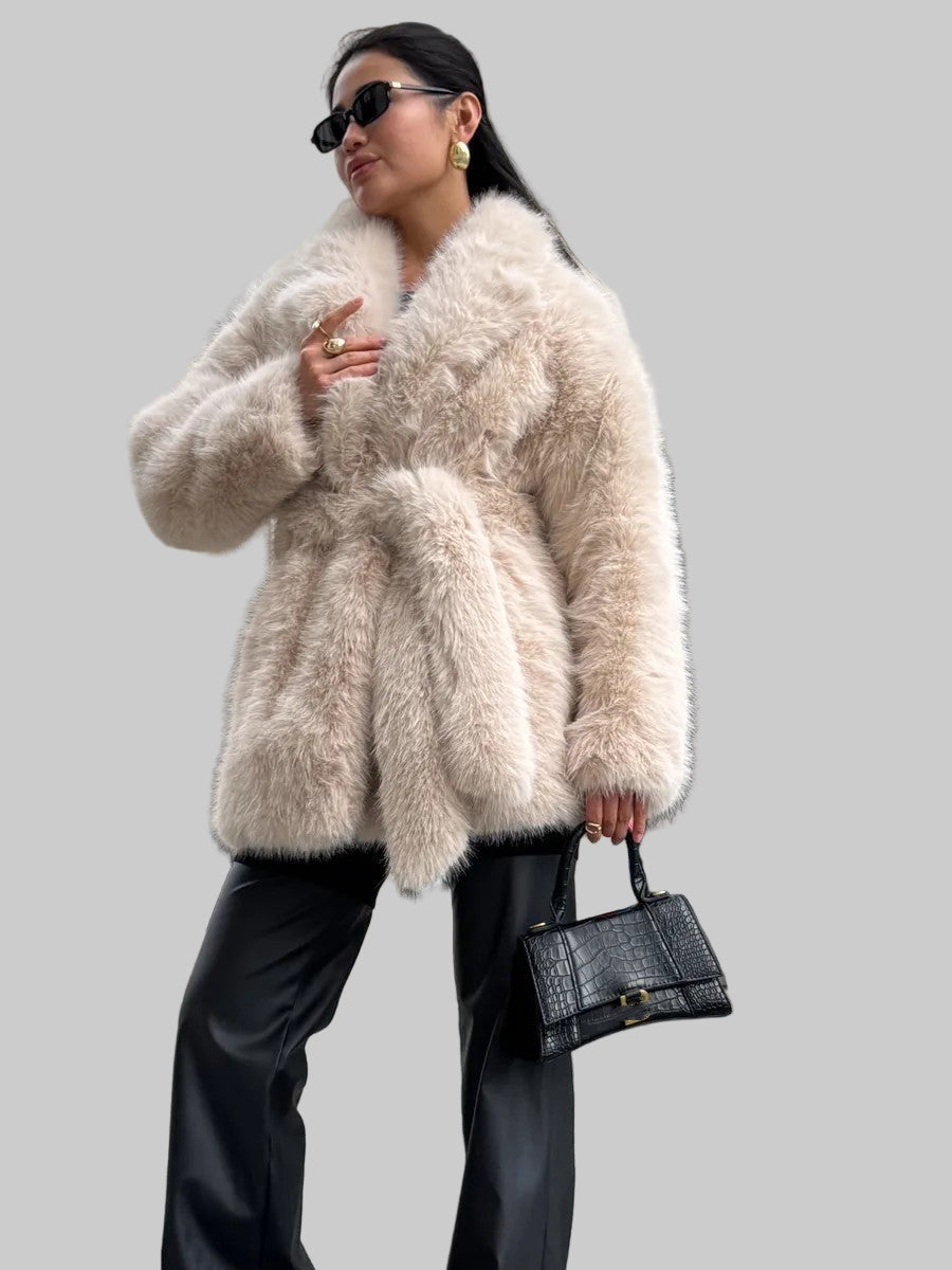 Thickened Faux Fur Coat Women – Mid-Length Belted Fox Fur Overcoat