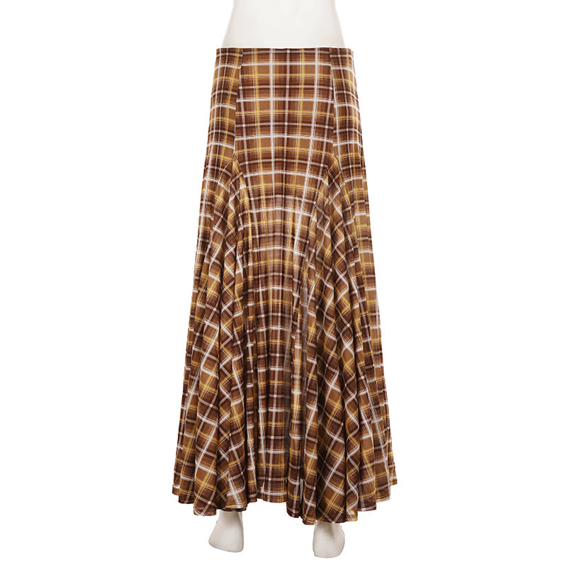 Retro Patchwork Plaid A line Long Skirt