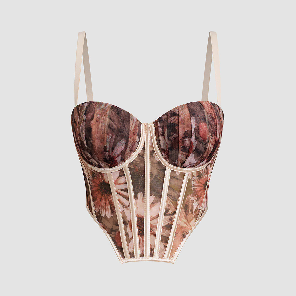 Mesh Floral Print Steel Ring Boning Corset Short Strapless Vest Underwear Sexy Spaghetti Straps Slimming - Modestly Vogue 