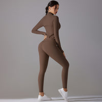 Trendy Push-Up Long Sleeve Yoga Set – Slim Zipper Workout Clothes for Women - Modestly Vogue 