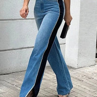 Blue Denim Black Striped Jeans - Modestly Vogue 