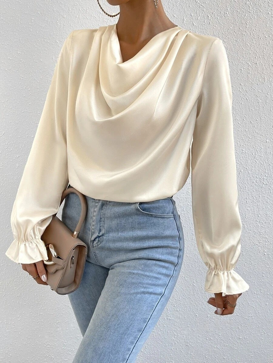 Women’s Ruffle Sleeve Satin Shirt – Elegant Long Sleeve Blouse - Modestly Vogue 