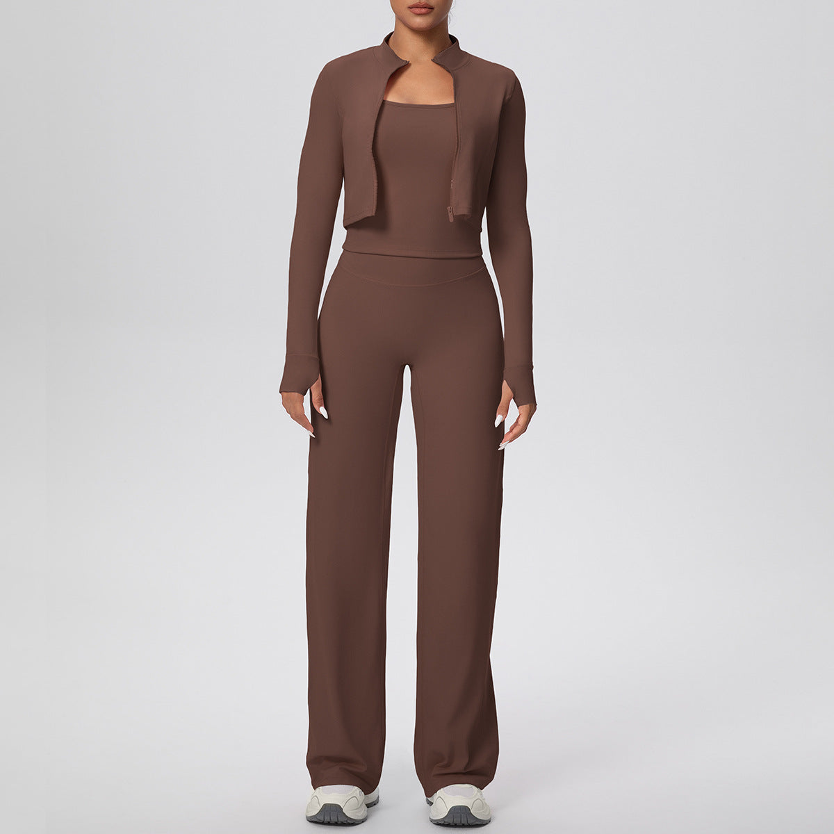 Solid Color Zip Long Sleeve Coat & Yoga Three-Piece Suit