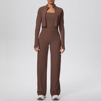 Solid Color Zip Long Sleeve Coat & Yoga Three-Piece Suit