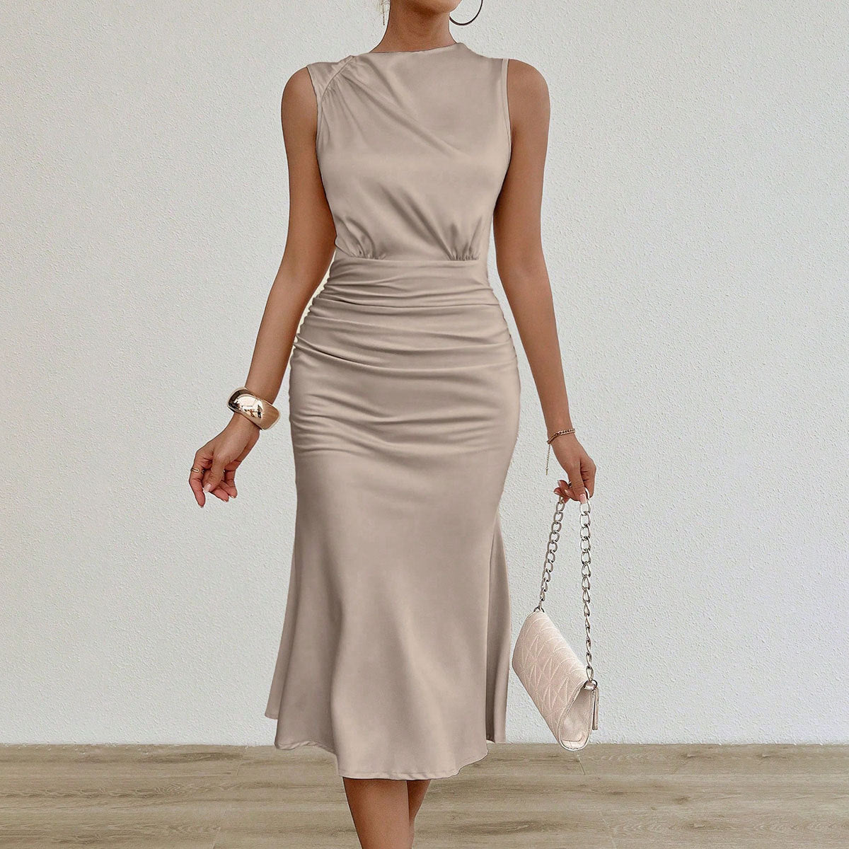 Women’s Pleated Satin Midi Dress – Elegant Summer Style - Modestly Vogue 