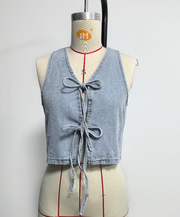 Women Spring Summer Sleeveless Lace up Vest Lace up Wide Leg Jeans Denim Set - Modestly Vogue 