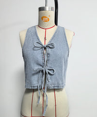 Women Spring Summer Sleeveless Lace up Vest Lace up Wide Leg Jeans Denim Set - Modestly Vogue 