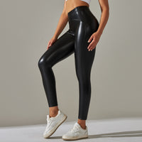 Faux Leather High Waist Solid Color Running Fitness Yoga Pants Leggings - Modestly Vogue 