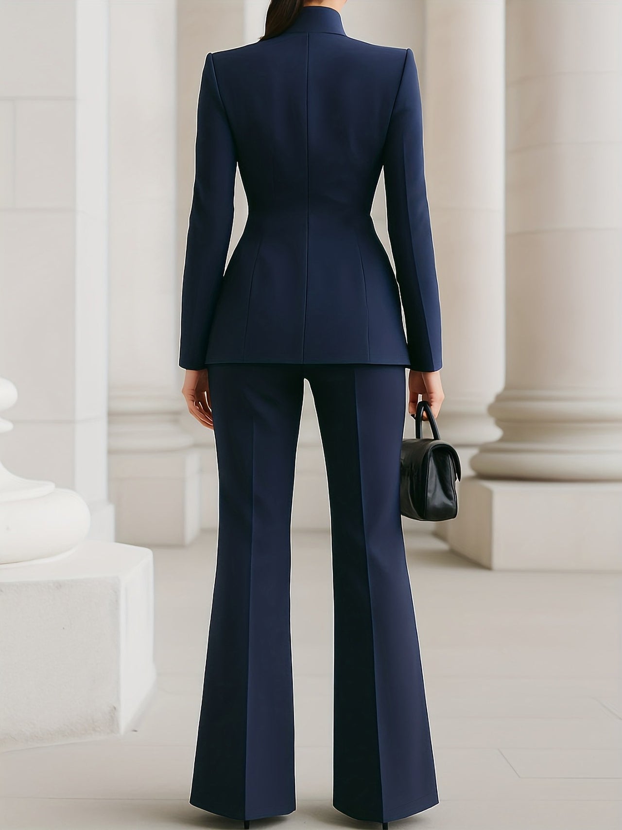 High End Stand Collar Single Button Slim Fit Figure Flattering Blazer with Bootcut Trousers Two Piece Sets - Modestly Vogue 