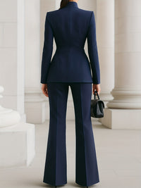High End Stand Collar Single Button Slim Fit Figure Flattering Blazer with Bootcut Trousers Two Piece Sets - Modestly Vogue 