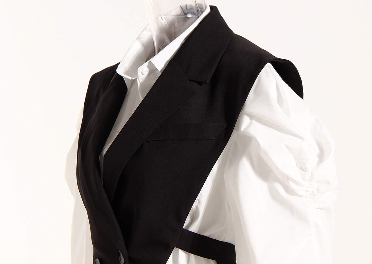 Black Elegant Outfit Slimming Puff Sleeve White Shirt Waist Trimming Lace up Two Piece Vest Set