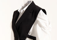 Black Elegant Outfit Slimming Puff Sleeve White Shirt Waist Trimming Lace up Two Piece Vest Set
