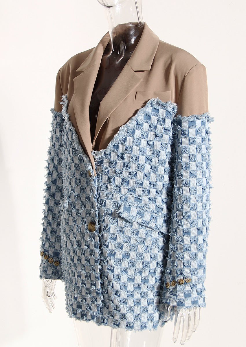 Blue Women Autumn Winter Color Contrast Patchwork Plaid Washed Worn Frayed Hem Denim Jacket