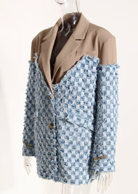 Blue Women Autumn Winter Color Contrast Patchwork Plaid Washed Worn Frayed Hem Denim Jacket