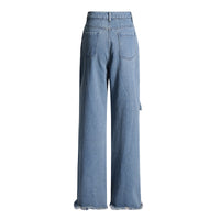 Blue Trendy Big Leaves Gold Accessories Stitching High Waist Wide Leg Jeans Women - Modestly Vogue 