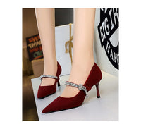 Rhinestone Strap Pointed Toe Suede Stiletto High Heels for Women
