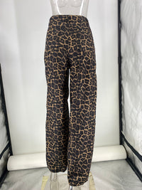 V neck Puff Sleeve White Shirt High Waist Retro Leopard Print Wide Leg Pants Two Piece Sets - Modestly Vogue 