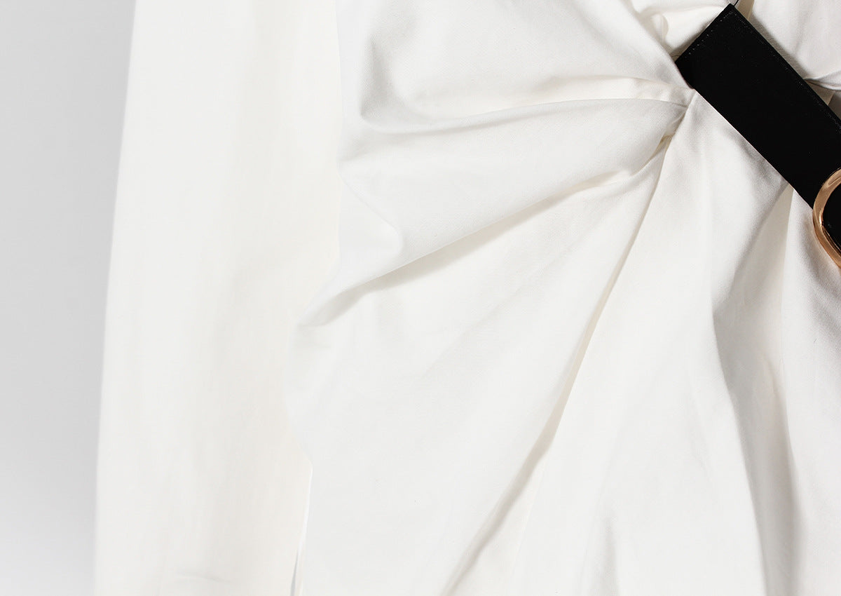 Pleated Waist Belted Mid-Length Shirt – White Casual Fashion Top - Modestly Vogue 