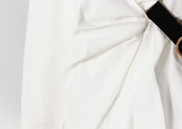 Pleated Waist Belted Mid-Length Shirt – White Casual Fashion Top - Modestly Vogue 