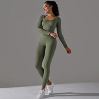 Seamless Knitted Long Sleeve Exercise Workout Pants Quick Drying Jacquard Breathable Hip Lifting Running Yoga Clothes Suit