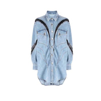 Blue Three Dimensional Split Shirt Spring Summer Lace Stitching Large Profile Shirt Denim Jacket Coat Women - Modestly Vogue 