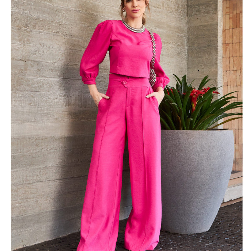 Women Clothing Short Long-Sleeved Top High Waist Wide Leg Pants Two Piece Set - Modestly Vogue 