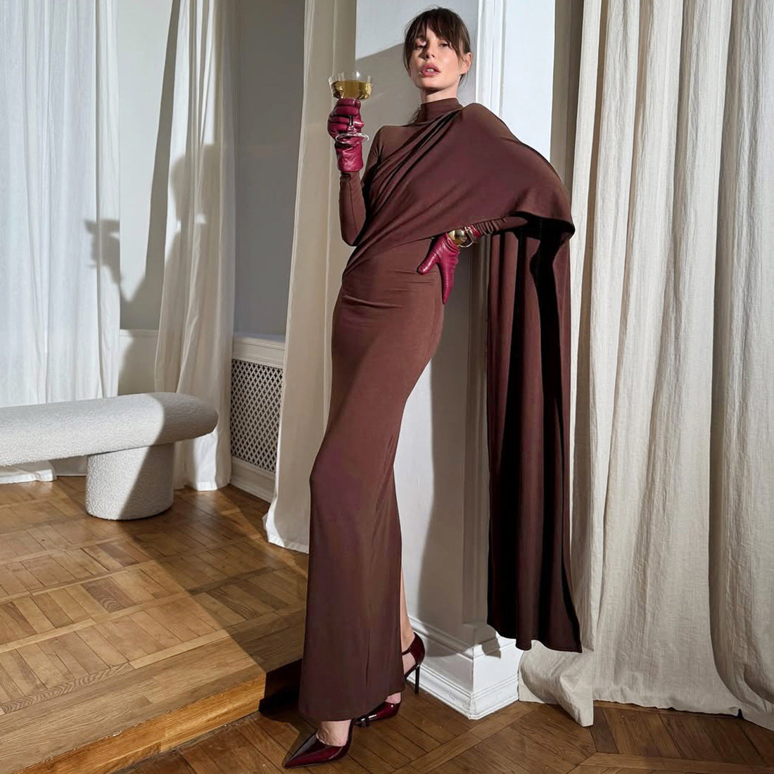 Brown Elegant High Neck Long Sleeves Flowing Scarf Maxi Dress - Modestly Vogue 