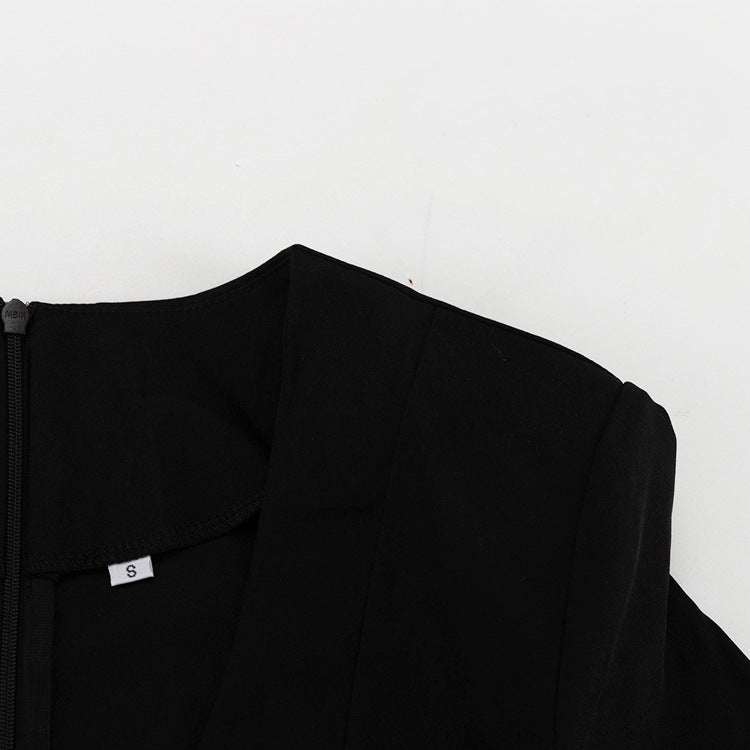 Black & White Color Contrast A-Line Dress – V Neck Flared Sleeves